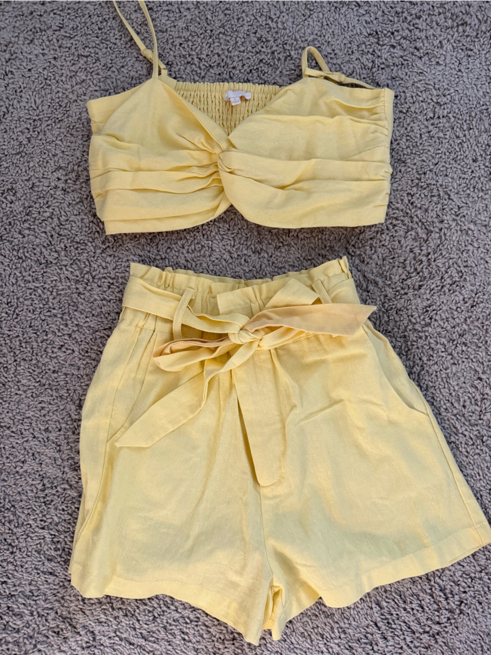 Yellow Two-Piece Set with Bandeau & Tie-Waist Shorts